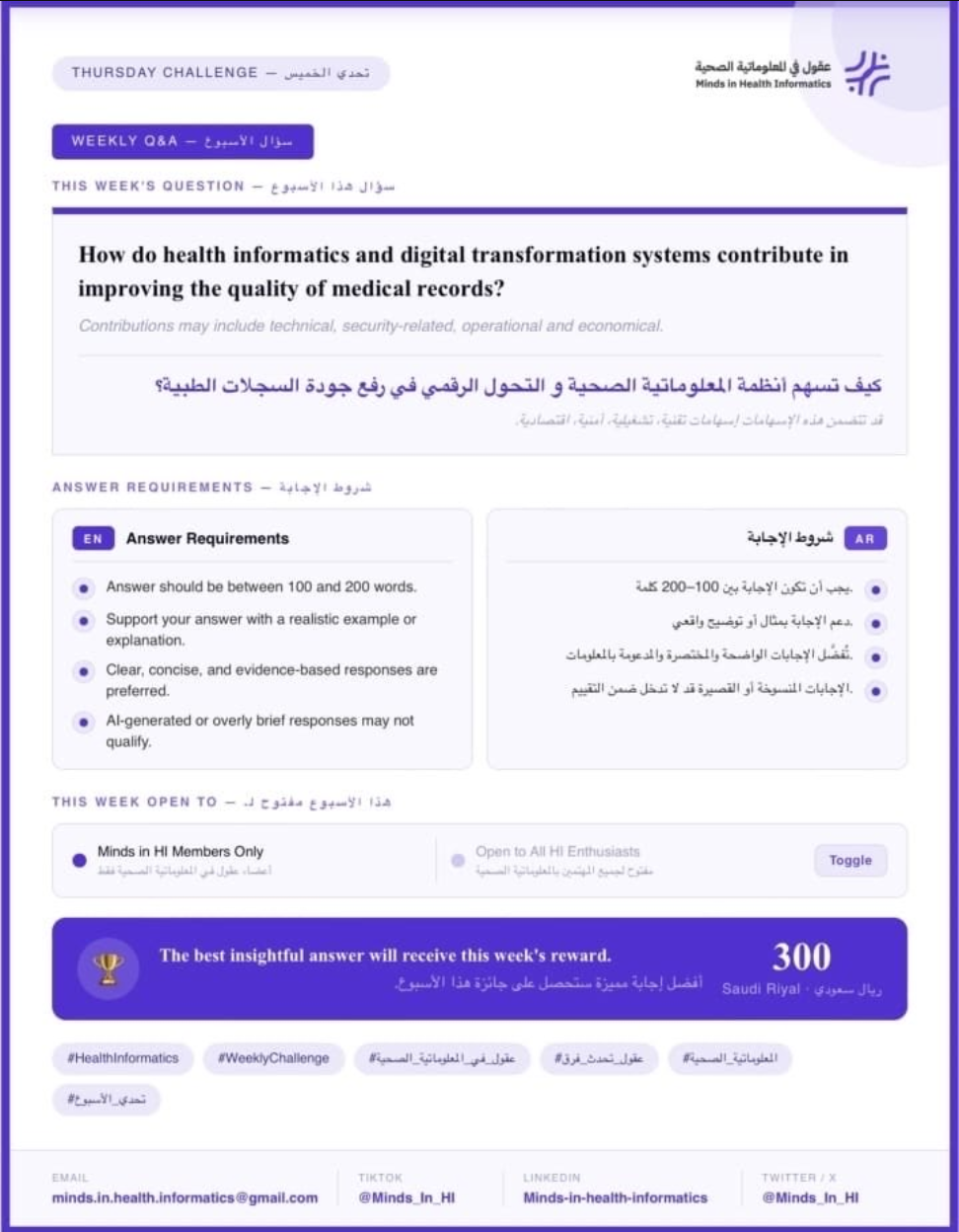 سؤال الأسبوع — أنظمة المعلوماتية الصحية والتحول الرقمي وجودة السجلات الطبية